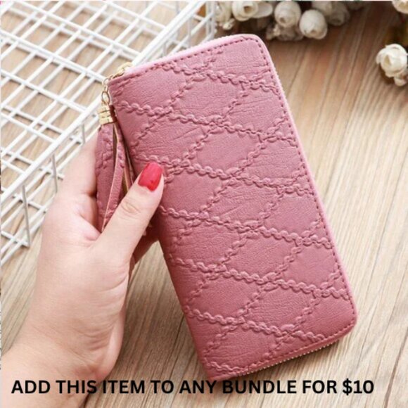 $10 ADD ON ITEM -Pink Embossed Zip-Around Wallet with Wrist Strap Leather Clutch - Picture 1 of 8
